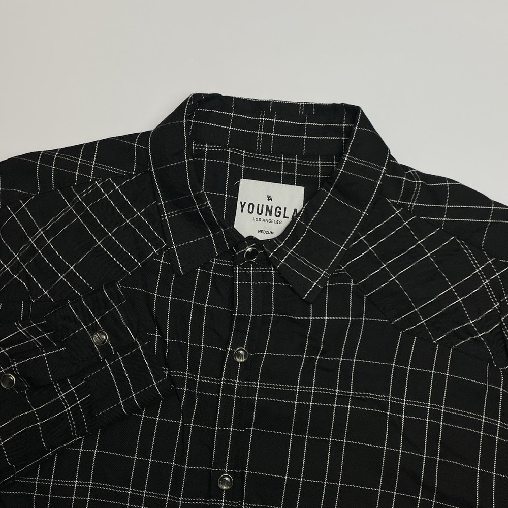 YoungLA Western Pearl Snap Shirt Men Medium Black White Grid Button Down Viscose
